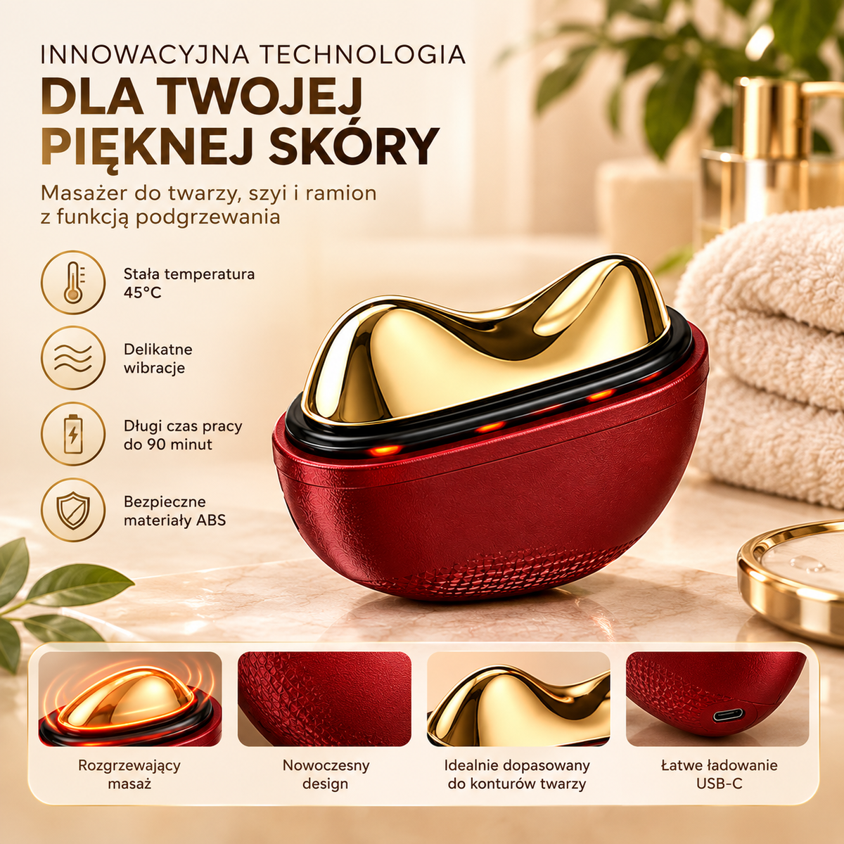 Auralift Pro – Masażer do Twarzy, Szyi i Ramion z Podgrzewaniem 45°C